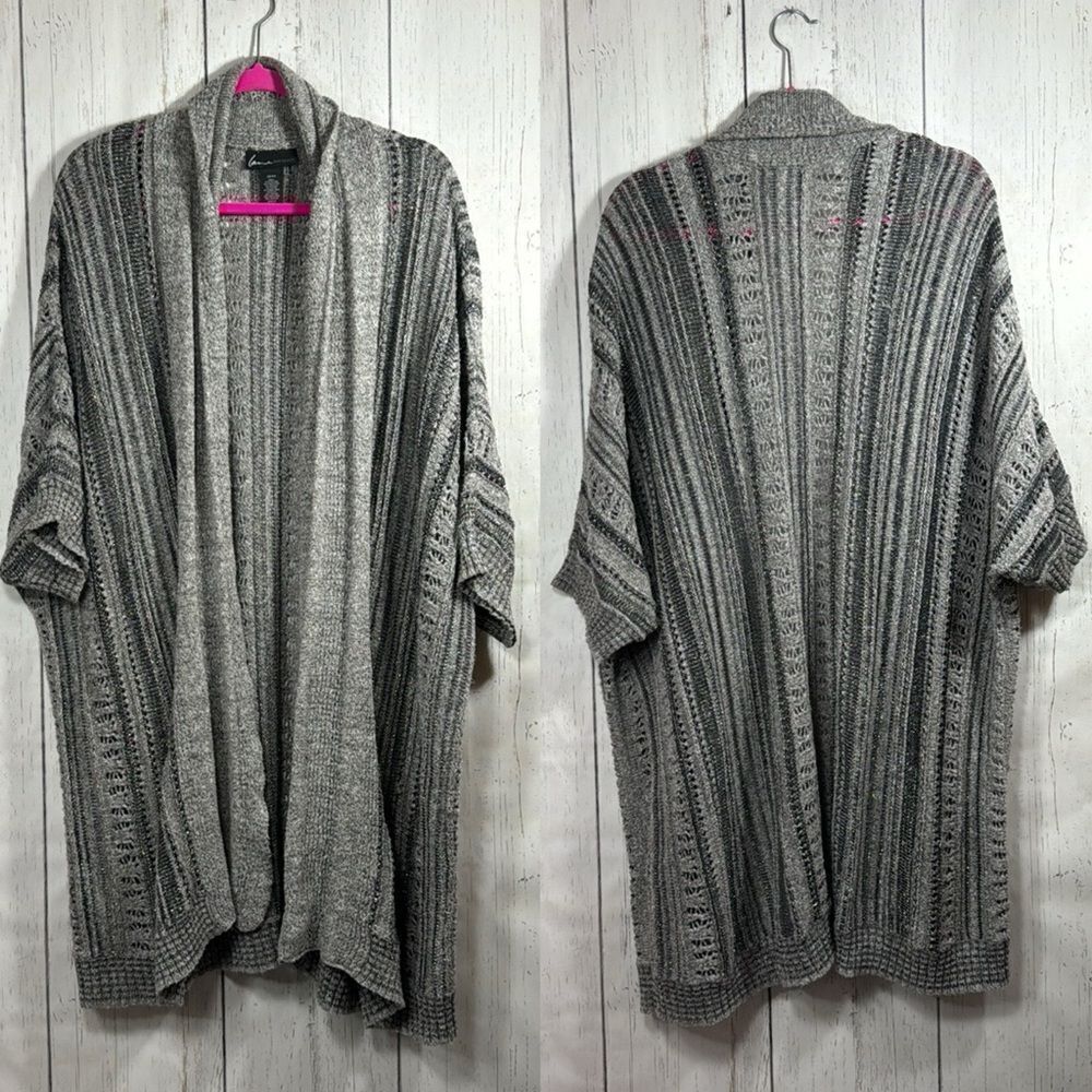Lane Bryant Knit Dolman Sleeves Gray Silver Metallic Casual Open Front Cardigan